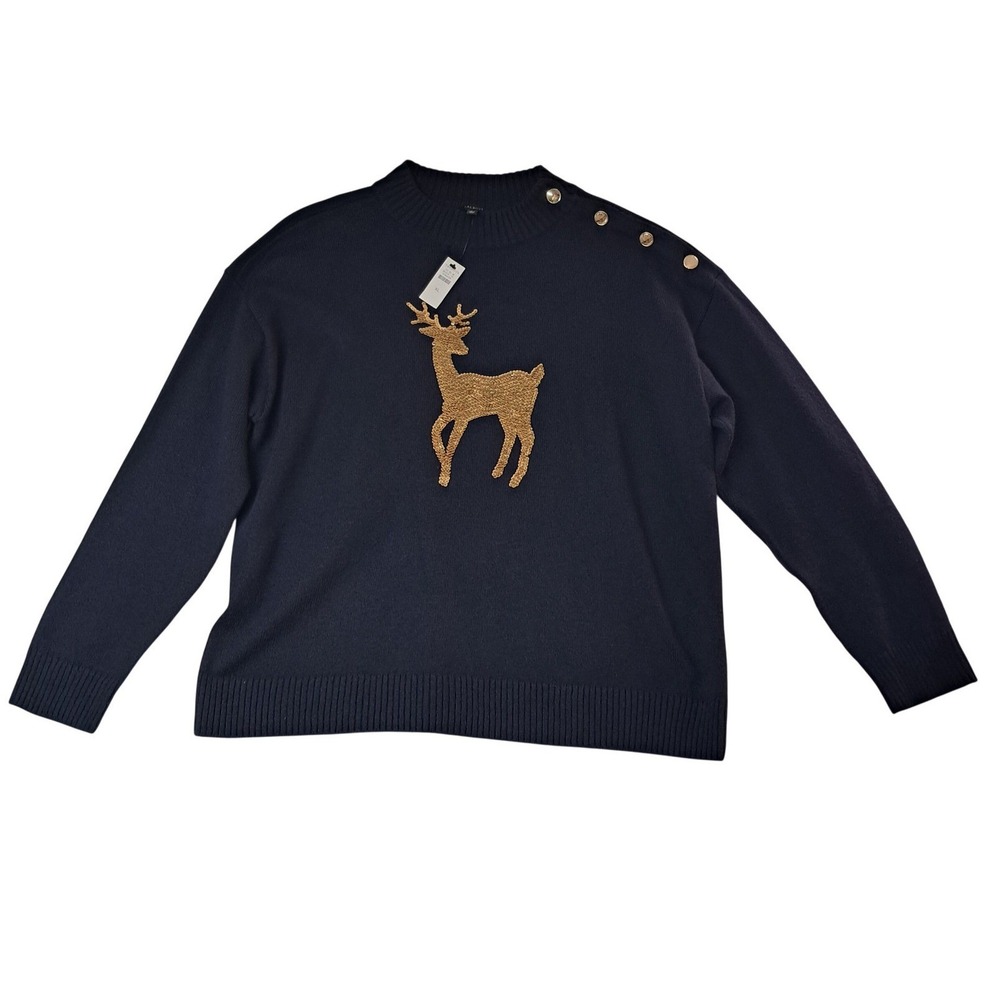 NWT Talbots Sweater Womens XL Blue Reindeer Button Shoulder Holiday Christmas